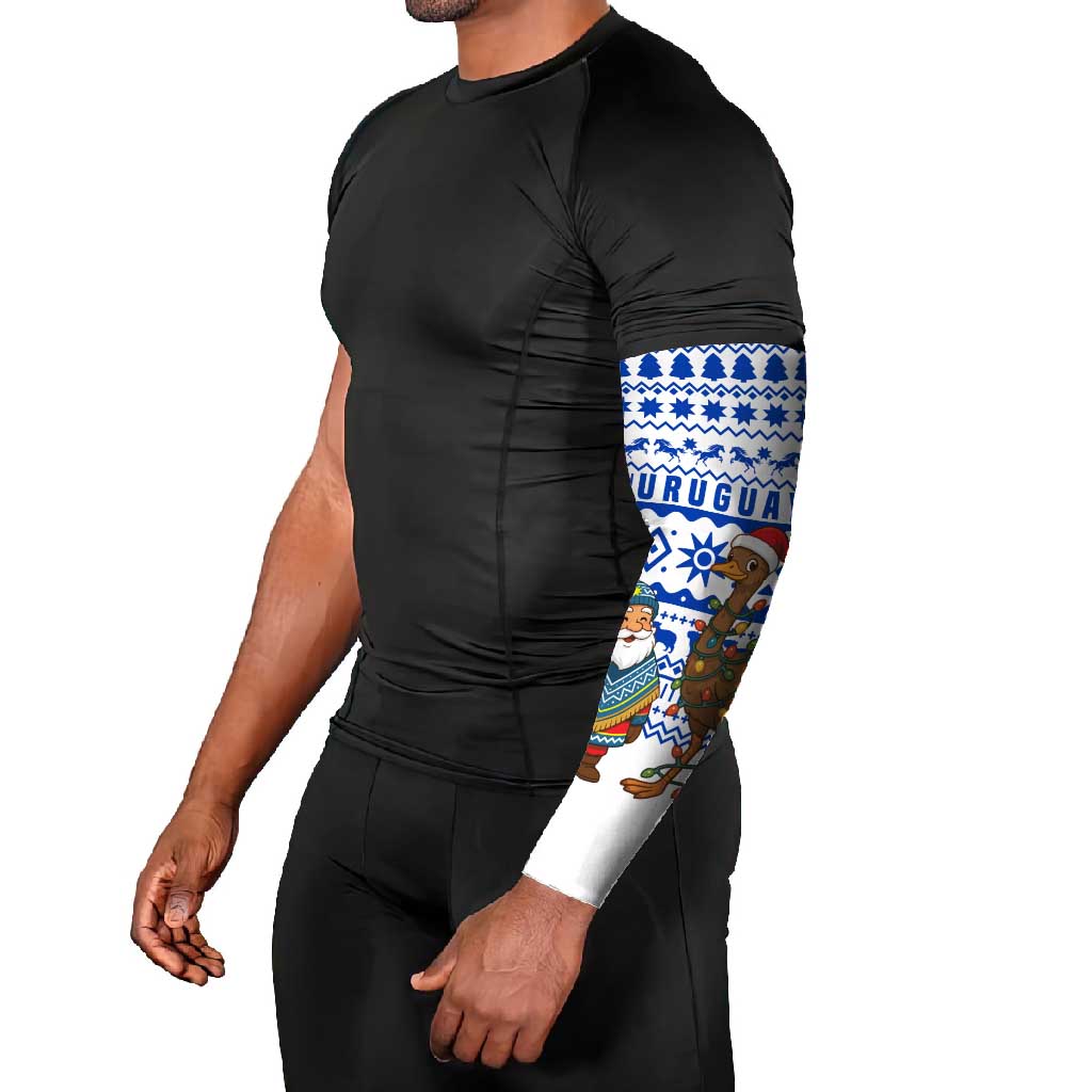 Uruguay Christmas Arm Sleeves with Santa Claus Rhea Bird Holiday Lights and Blue Geometric Pattern - Wonder Print Shop