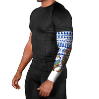 Uruguay Christmas Arm Sleeves with Santa Claus Rhea Bird Holiday Lights and Blue Geometric Pattern - Wonder Print Shop