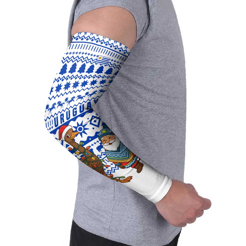 Uruguay Christmas Arm Sleeves with Santa Claus Rhea Bird Holiday Lights and Blue Geometric Pattern - Wonder Print Shop
