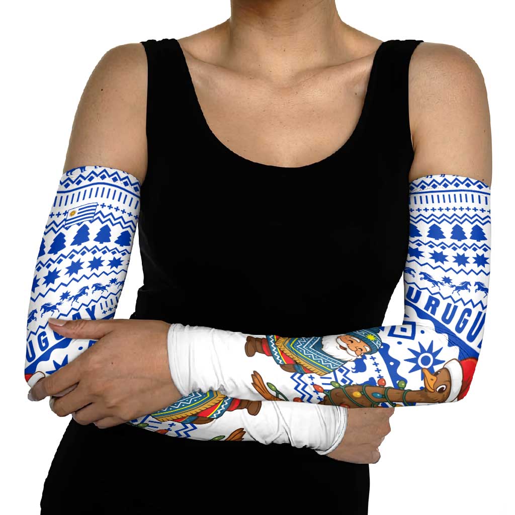 Uruguay Christmas Arm Sleeves with Santa Claus Rhea Bird Holiday Lights and Blue Geometric Pattern - Wonder Print Shop