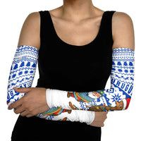 Uruguay Christmas Arm Sleeves with Santa Claus Rhea Bird Holiday Lights and Blue Geometric Pattern - Wonder Print Shop