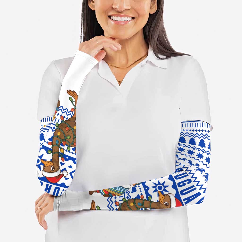 Uruguay Christmas Arm Sleeves with Santa Claus Rhea Bird Holiday Lights and Blue Geometric Pattern - Wonder Print Shop