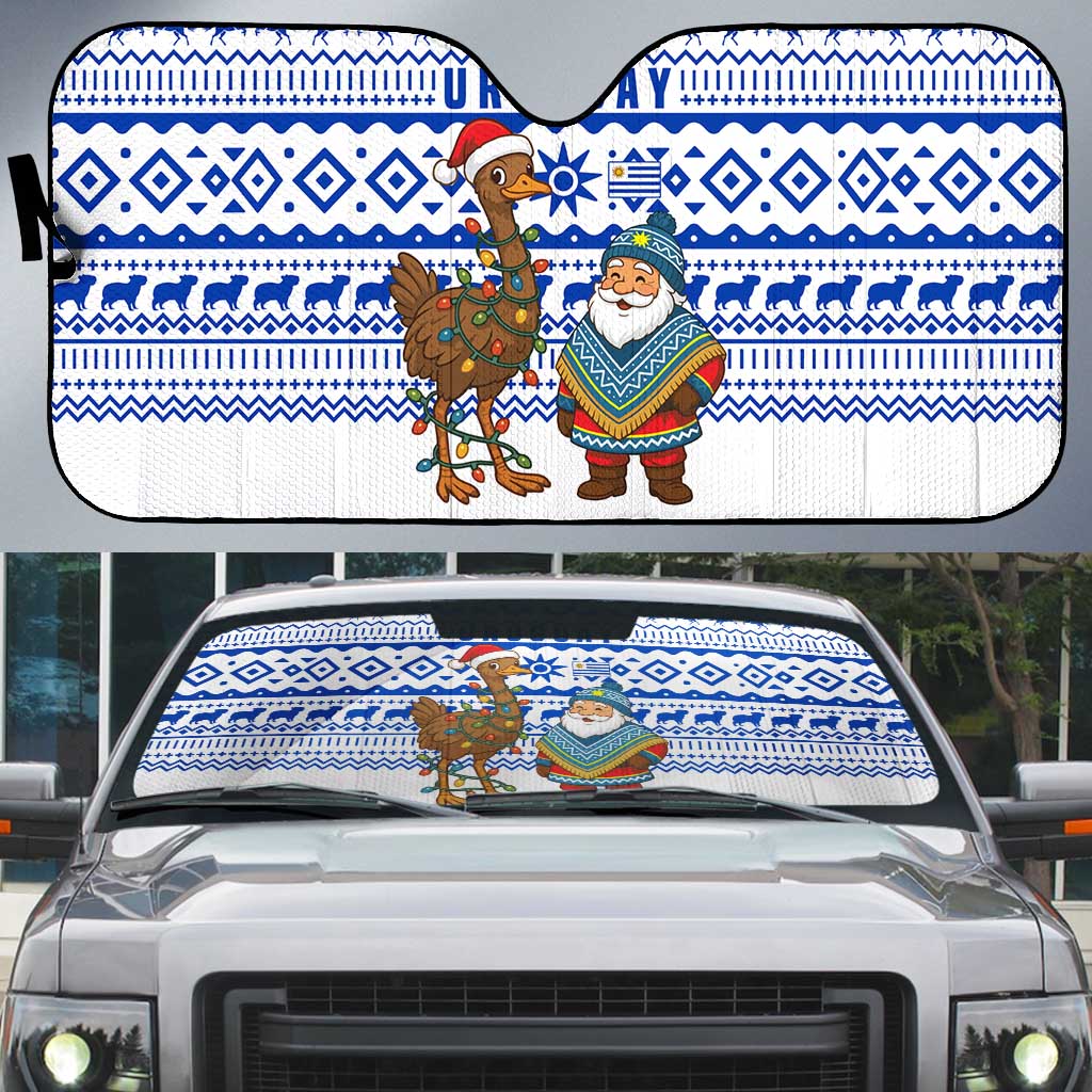 Uruguay Christmas Auto Sun Shade with Santa Claus Rhea Bird Holiday Lights and Blue Geometric Pattern - Wonder Print Shop