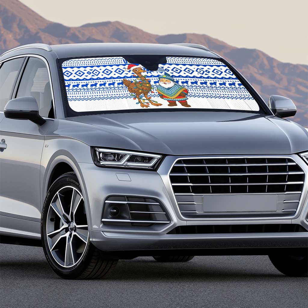 Uruguay Christmas Auto Sun Shade with Santa Claus Rhea Bird Holiday Lights and Blue Geometric Pattern - Wonder Print Shop