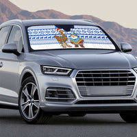 Uruguay Christmas Auto Sun Shade with Santa Claus Rhea Bird Holiday Lights and Blue Geometric Pattern - Wonder Print Shop