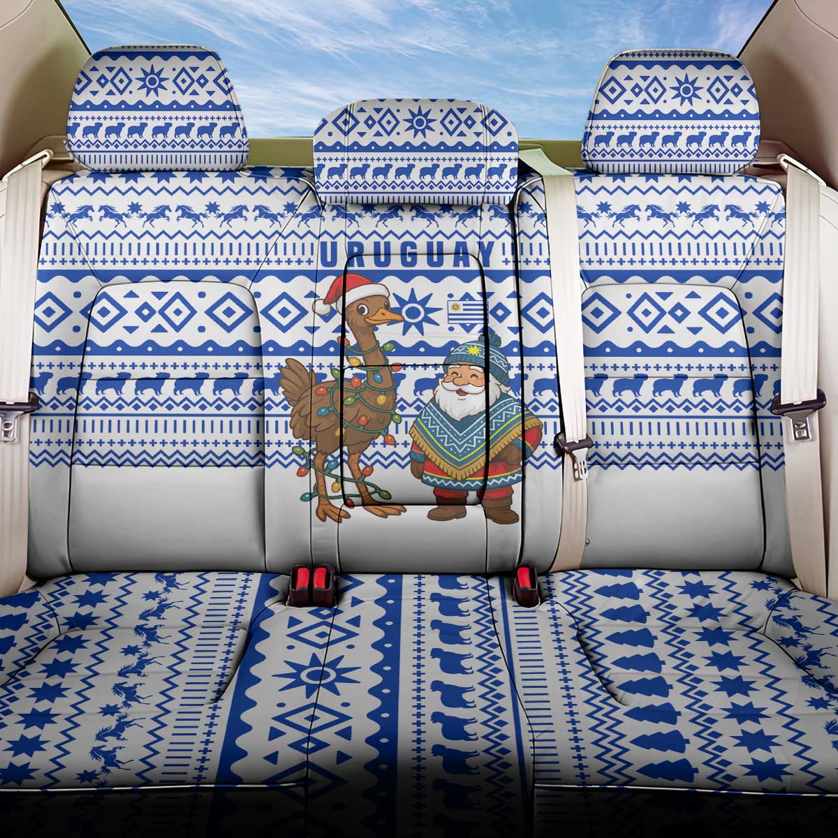 Uruguay Christmas Back Car Seat Cover with Santa Claus Rhea Bird Holiday Lights and Blue Geometric Pattern - Wonder Print Shop