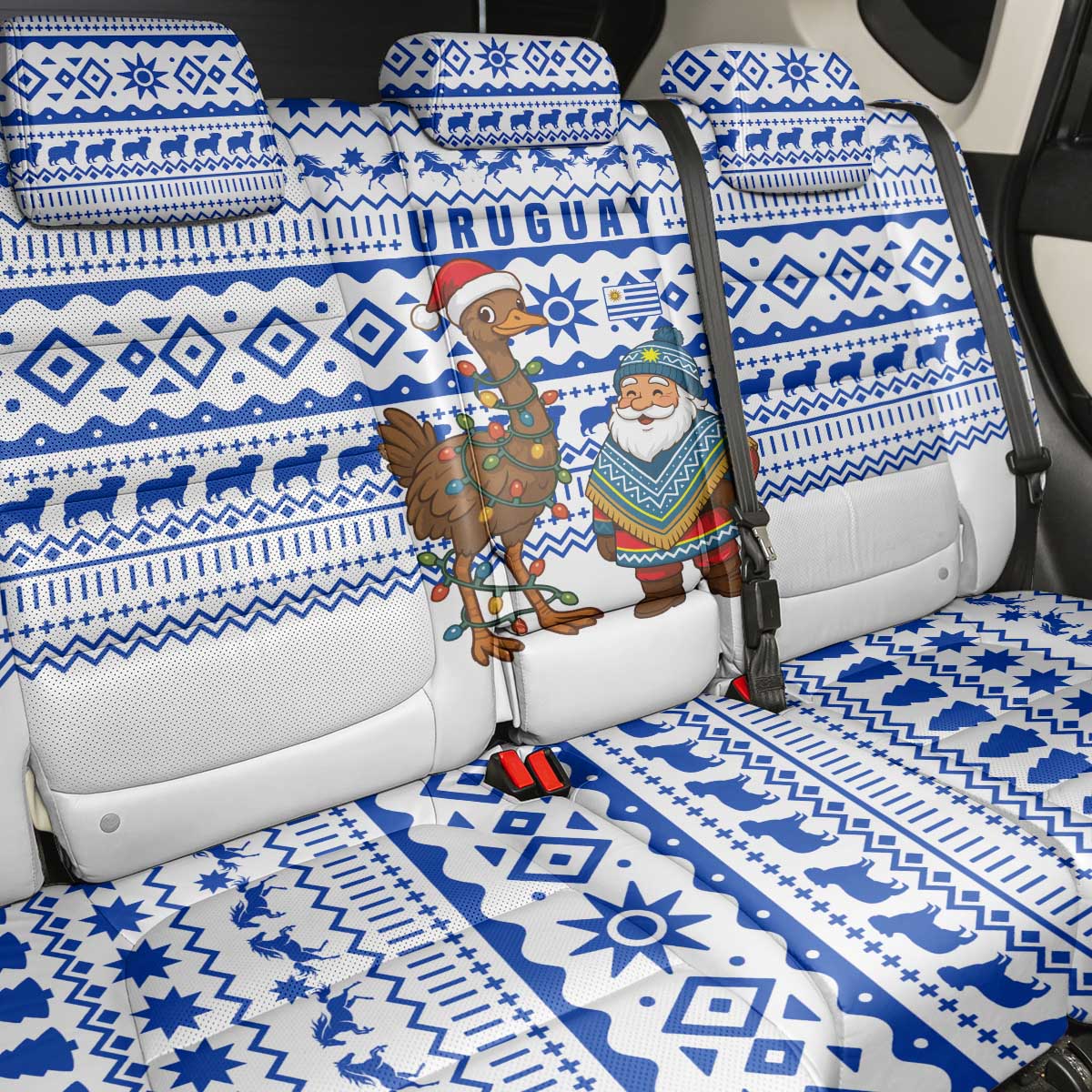 Uruguay Christmas Back Car Seat Cover with Santa Claus Rhea Bird Holiday Lights and Blue Geometric Pattern - Wonder Print Shop