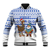Uruguay Christmas Baseball Jacket with Santa Claus Rhea Bird Holiday Lights and Blue Geometric Pattern - Wonder Print Shop