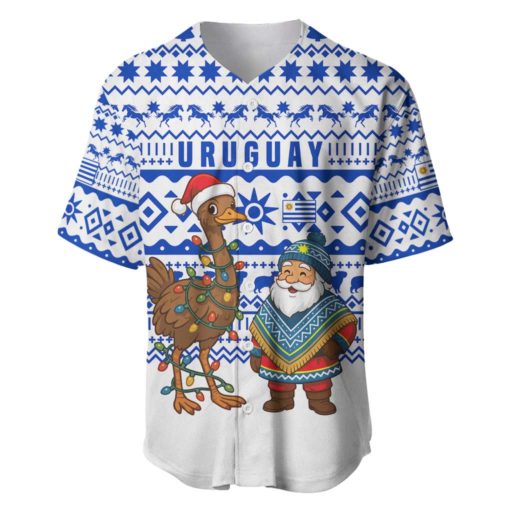 Uruguay Christmas Baseball Jersey with Santa Claus Rhea Bird Holiday Lights and Blue Geometric Pattern - Wonder Print Shop