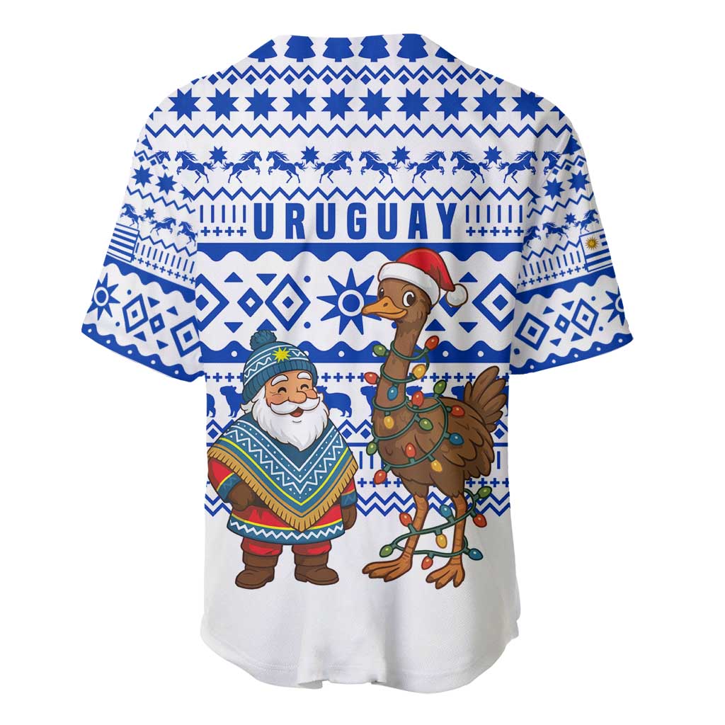 Uruguay Christmas Baseball Jersey with Santa Claus Rhea Bird Holiday Lights and Blue Geometric Pattern - Wonder Print Shop