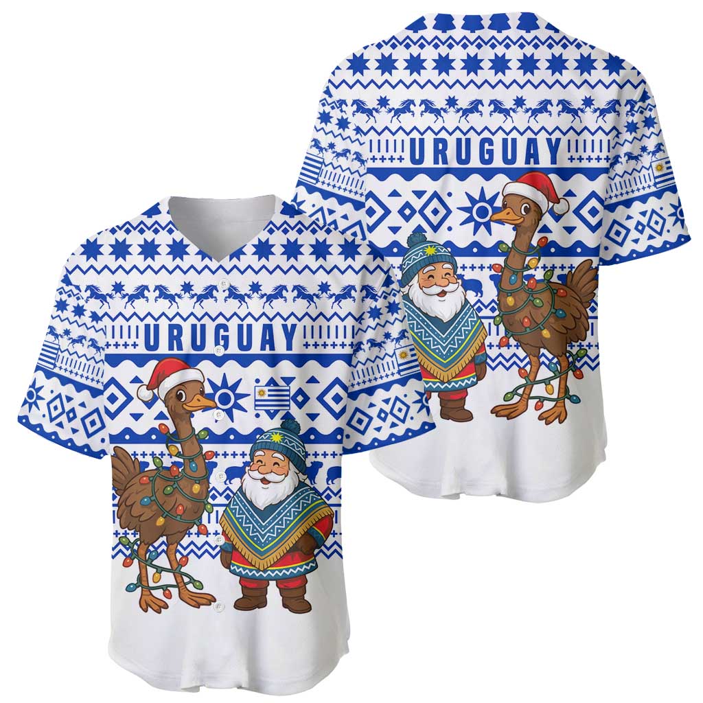 Uruguay Christmas Baseball Jersey with Santa Claus Rhea Bird Holiday Lights and Blue Geometric Pattern - Wonder Print Shop