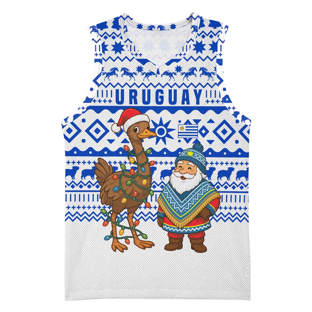 Uruguay Christmas Basketball Jersey with Santa Claus Rhea Bird Holiday Lights and Blue Geometric Pattern - Wonder Print Shop
