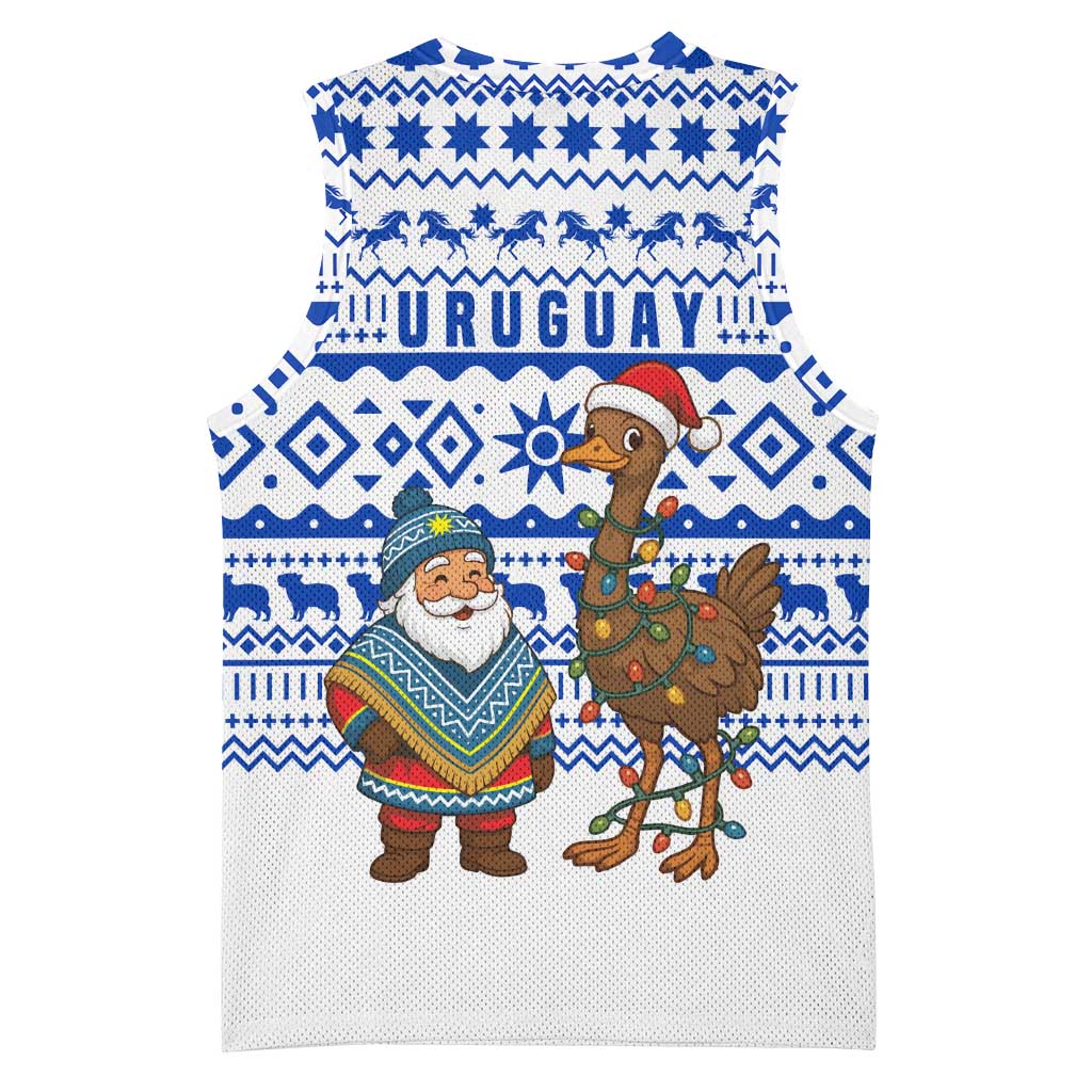 Uruguay Christmas Basketball Jersey with Santa Claus Rhea Bird Holiday Lights and Blue Geometric Pattern - Wonder Print Shop
