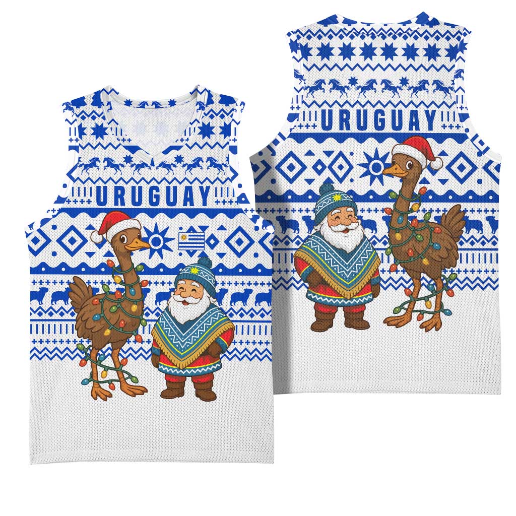 Uruguay Christmas Basketball Jersey with Santa Claus Rhea Bird Holiday Lights and Blue Geometric Pattern - Wonder Print Shop