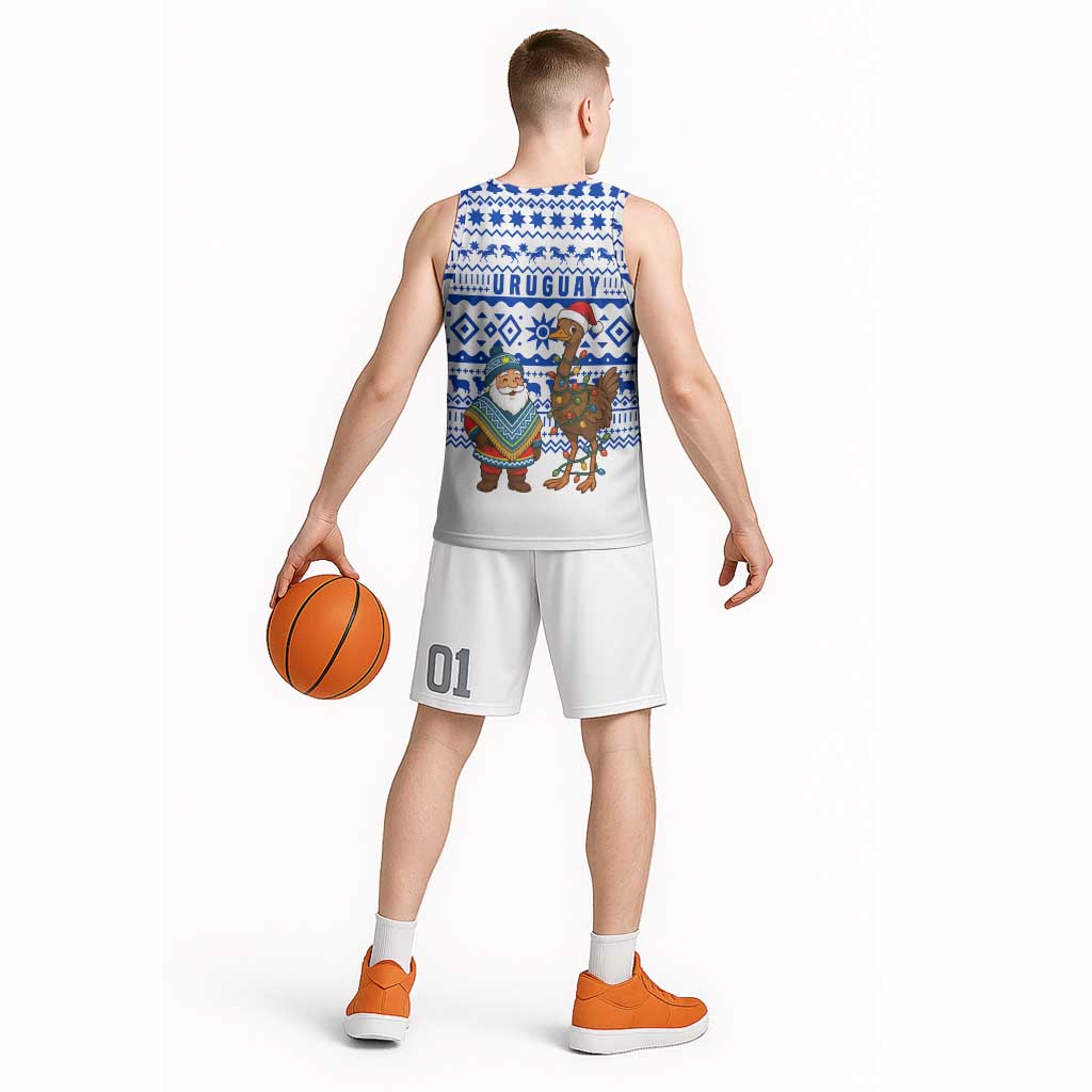 Uruguay Christmas Basketball Jersey with Santa Claus Rhea Bird Holiday Lights and Blue Geometric Pattern - Wonder Print Shop