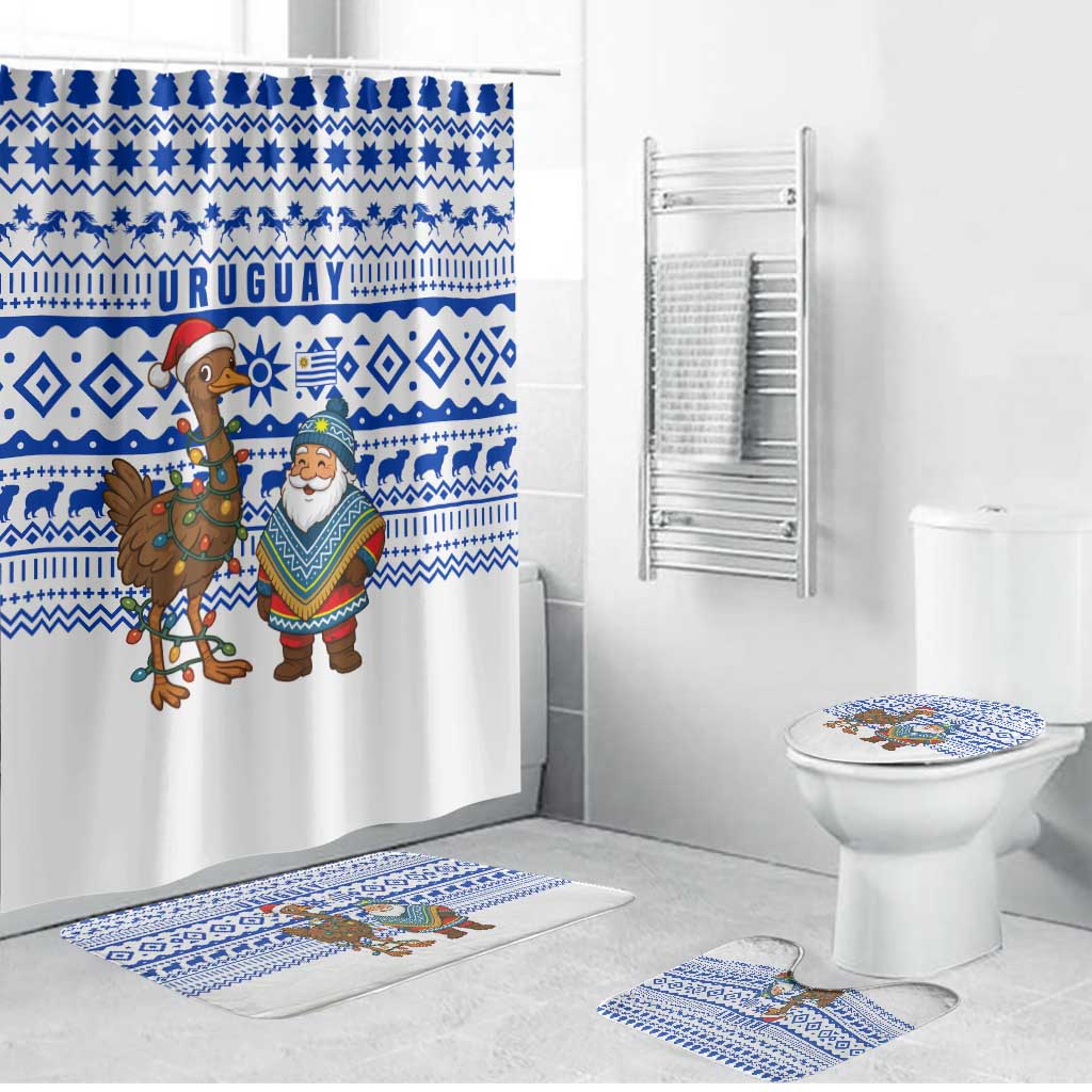 Uruguay Christmas Bathroom Set with Santa Claus Rhea Bird Holiday Lights and Blue Geometric Pattern - Wonder Print Shop