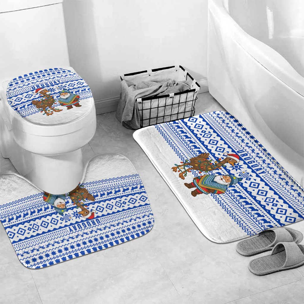 Uruguay Christmas Bathroom Set with Santa Claus Rhea Bird Holiday Lights and Blue Geometric Pattern - Wonder Print Shop