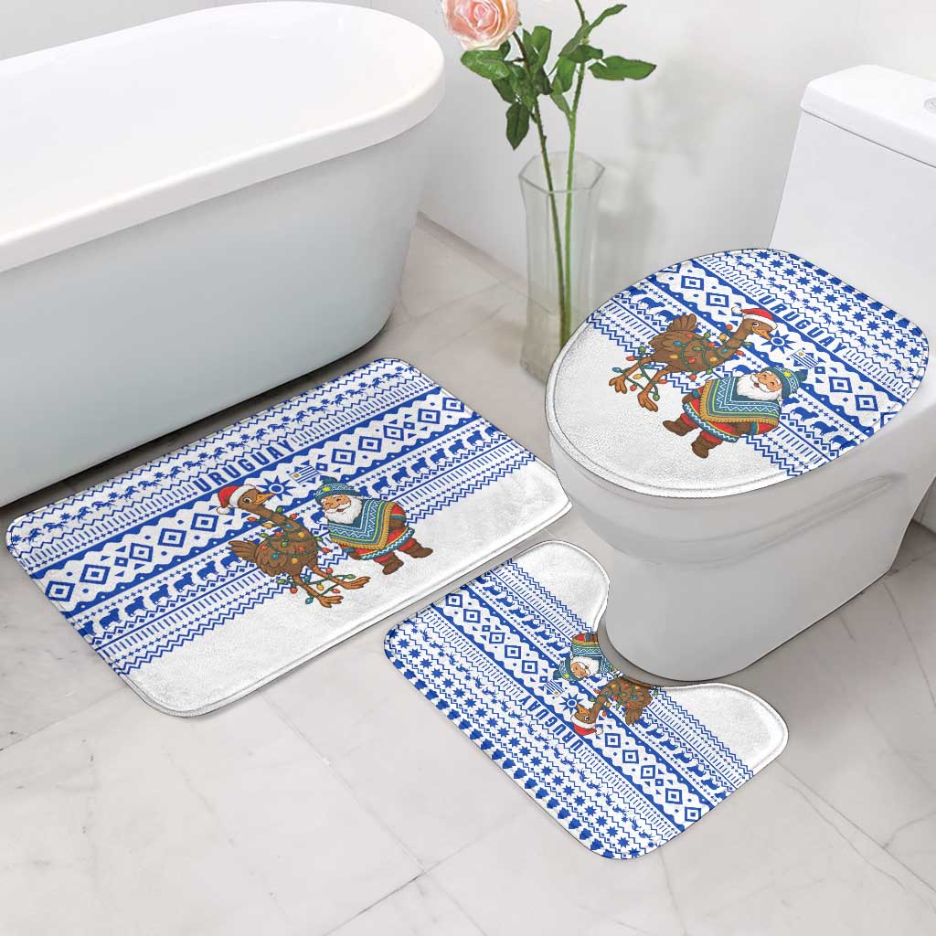 Uruguay Christmas Bathroom Set with Santa Claus Rhea Bird Holiday Lights and Blue Geometric Pattern - Wonder Print Shop