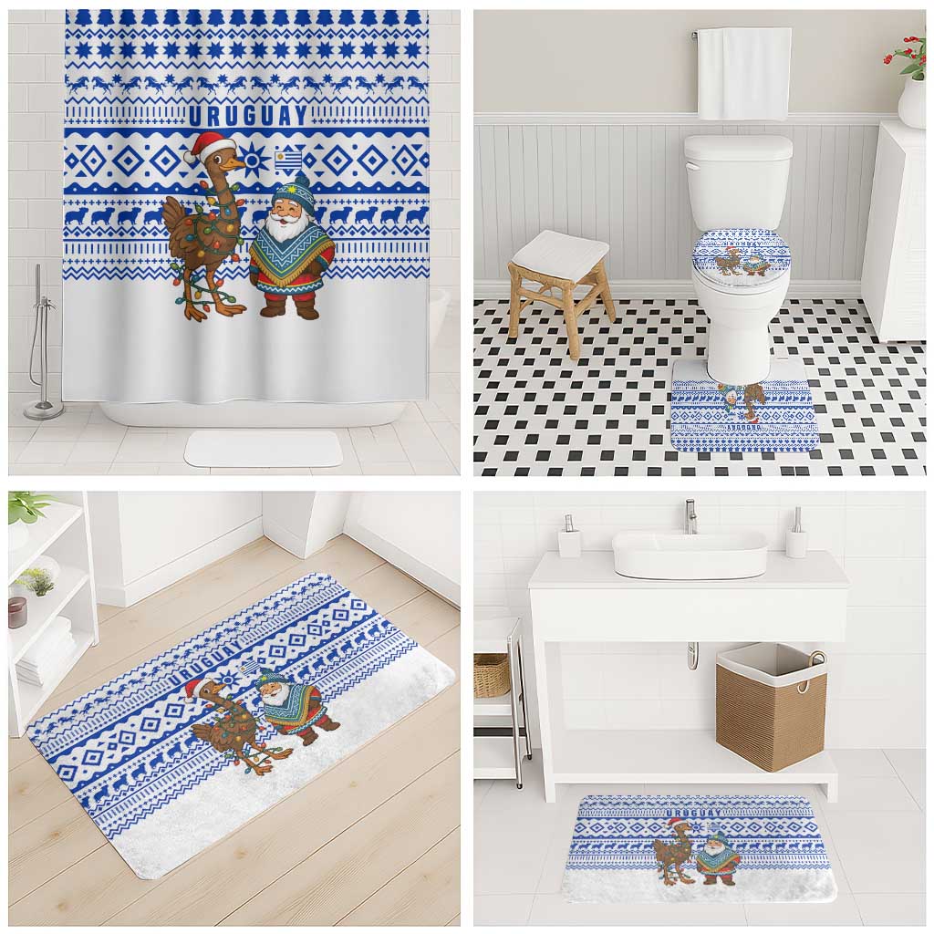Uruguay Christmas Bathroom Set with Santa Claus Rhea Bird Holiday Lights and Blue Geometric Pattern - Wonder Print Shop