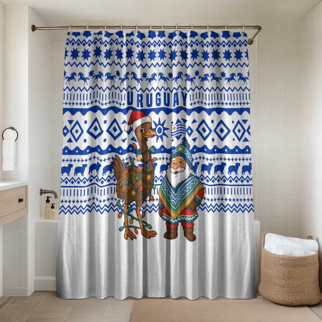 Uruguay Christmas Bathroom Set with Santa Claus Rhea Bird Holiday Lights and Blue Geometric Pattern - Wonder Print Shop