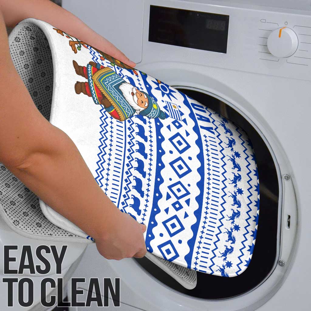 Uruguay Christmas Bathroom Set with Santa Claus Rhea Bird Holiday Lights and Blue Geometric Pattern - Wonder Print Shop