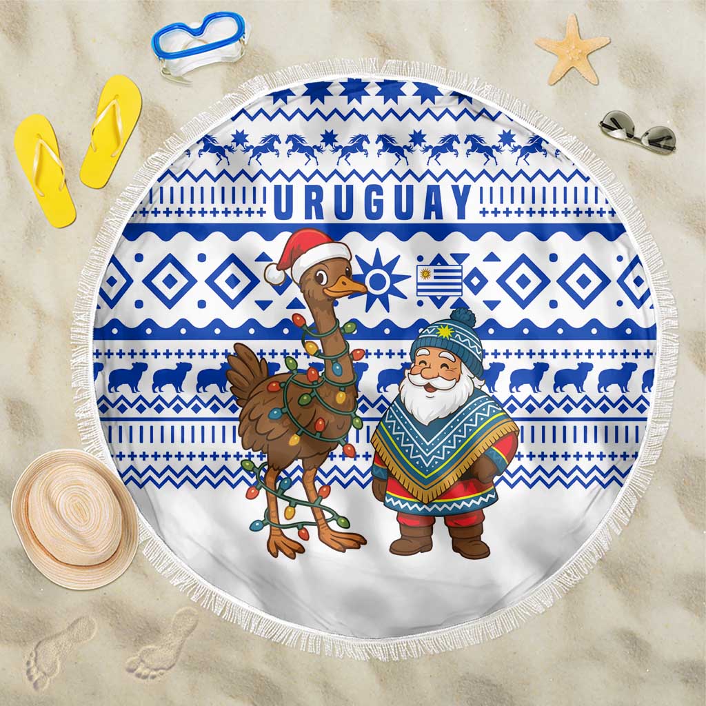 Uruguay Christmas Beach Blanket with Santa Claus Rhea Bird Holiday Lights and Blue Geometric Pattern - Wonder Print Shop