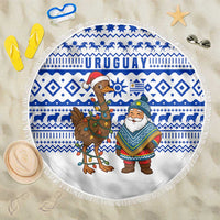 Uruguay Christmas Beach Blanket with Santa Claus Rhea Bird Holiday Lights and Blue Geometric Pattern - Wonder Print Shop