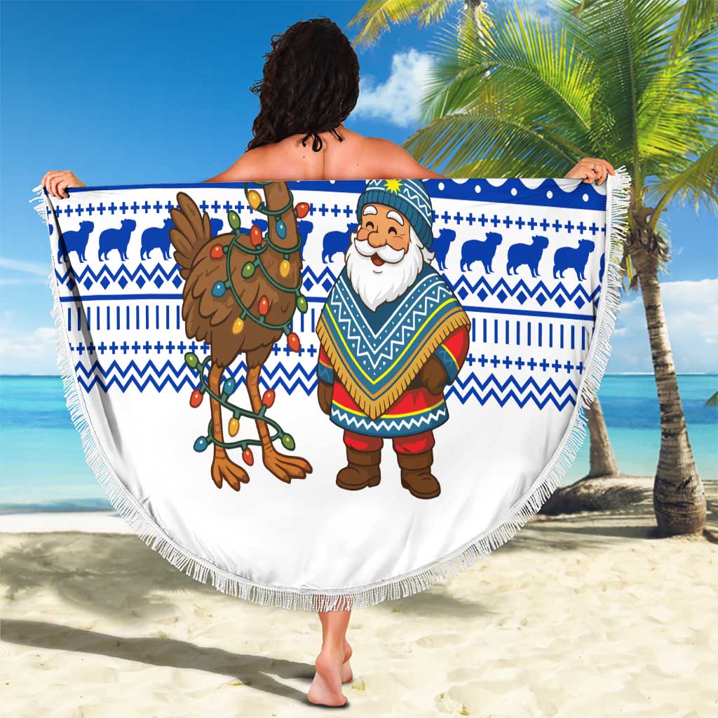 Uruguay Christmas Beach Blanket with Santa Claus Rhea Bird Holiday Lights and Blue Geometric Pattern - Wonder Print Shop