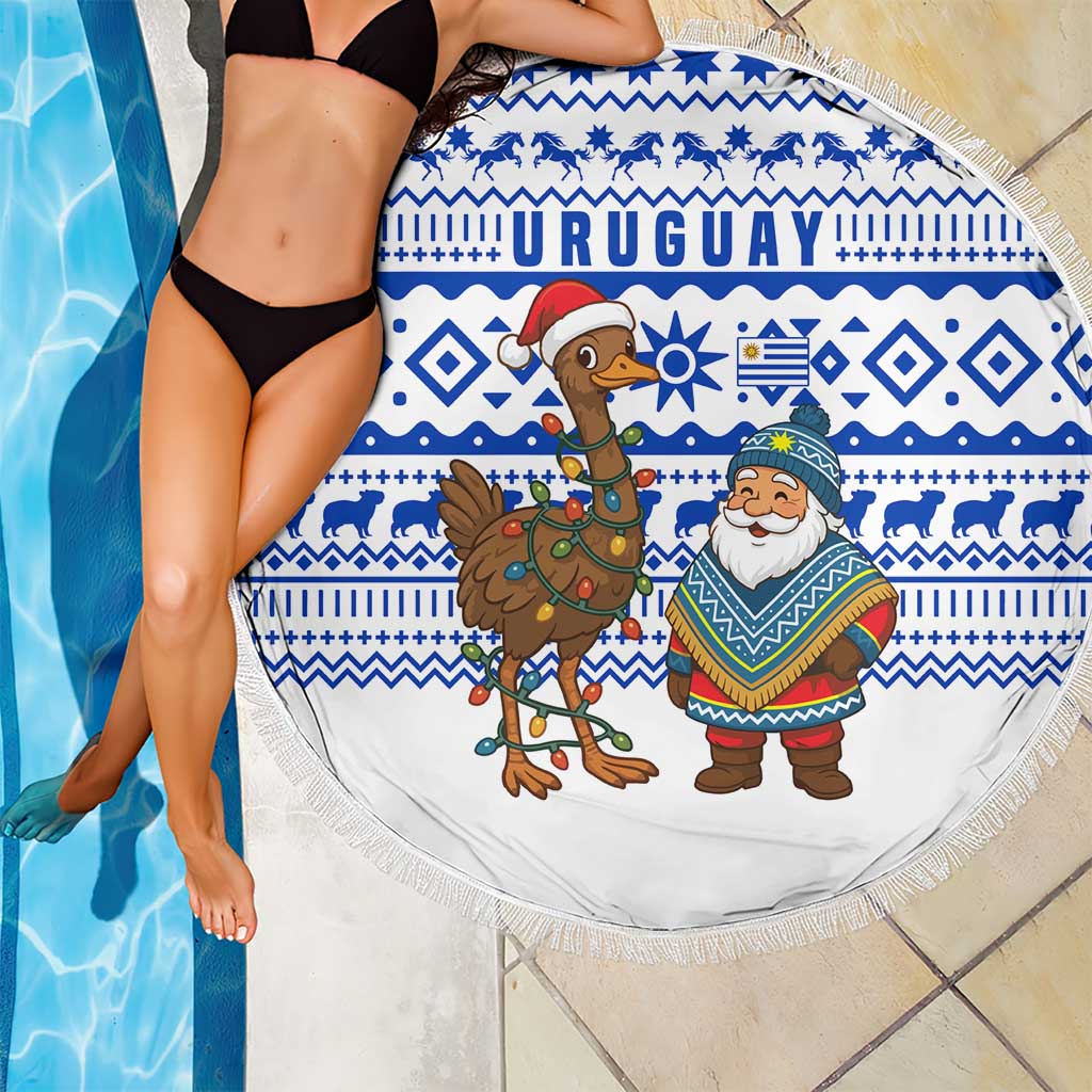 Uruguay Christmas Beach Blanket with Santa Claus Rhea Bird Holiday Lights and Blue Geometric Pattern - Wonder Print Shop