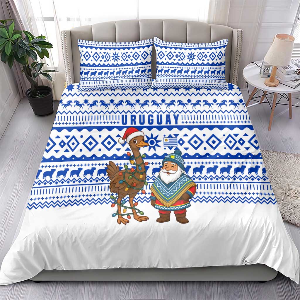 Uruguay Christmas Bedding Set with Santa Claus Rhea Bird Holiday Lights and Blue Geometric Pattern - Wonder Print Shop