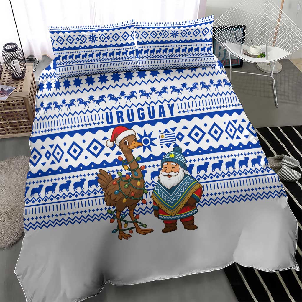 Uruguay Christmas Bedding Set with Santa Claus Rhea Bird Holiday Lights and Blue Geometric Pattern - Wonder Print Shop