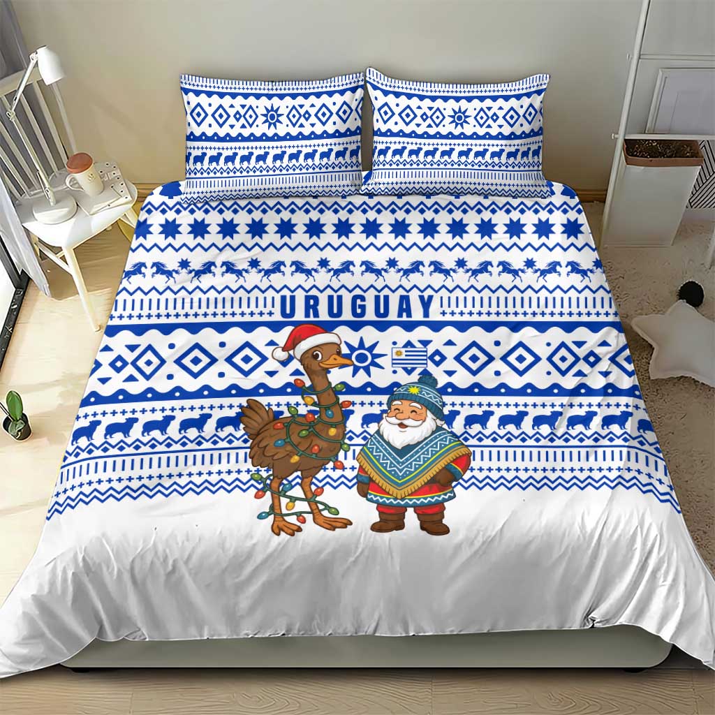 Uruguay Christmas Bedding Set with Santa Claus Rhea Bird Holiday Lights and Blue Geometric Pattern - Wonder Print Shop