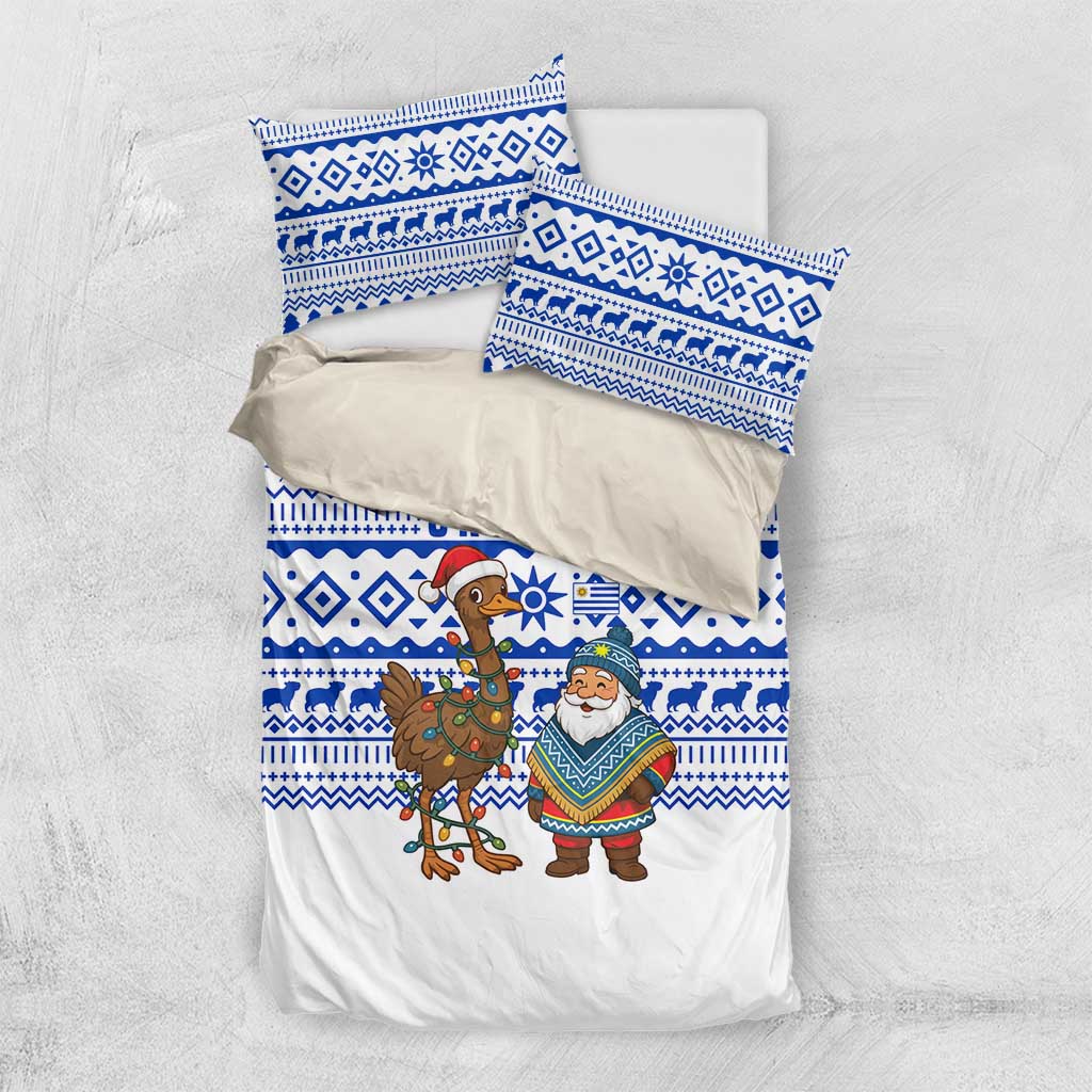 Uruguay Christmas Bedding Set with Santa Claus Rhea Bird Holiday Lights and Blue Geometric Pattern - Wonder Print Shop