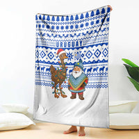 Uruguay Christmas Blanket with Santa Claus Rhea Bird Holiday Lights and Blue Geometric Pattern - Wonder Print Shop