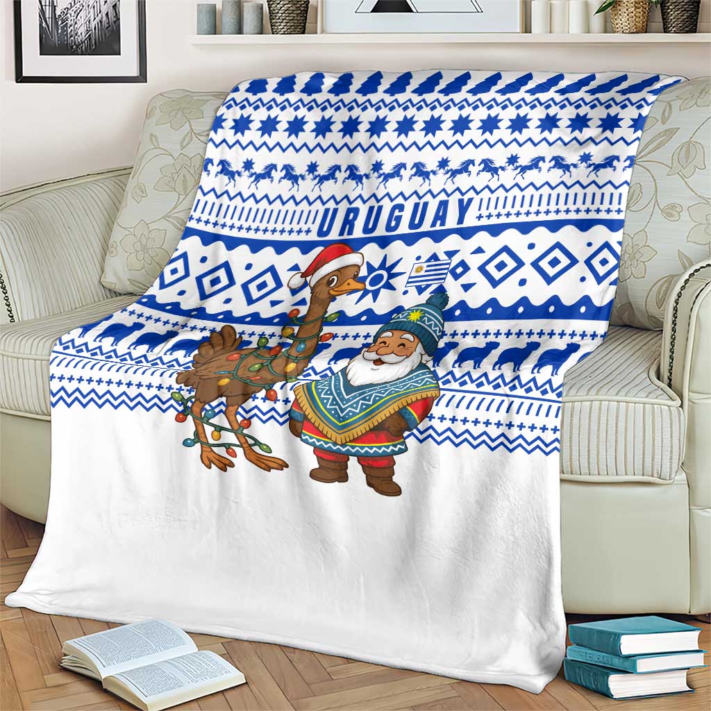 Uruguay Christmas Blanket with Santa Claus Rhea Bird Holiday Lights and Blue Geometric Pattern - Wonder Print Shop