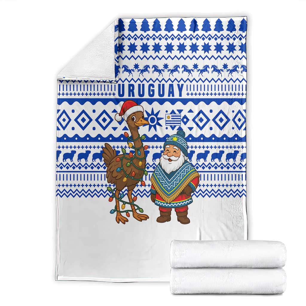 Uruguay Christmas Blanket with Santa Claus Rhea Bird Holiday Lights and Blue Geometric Pattern - Wonder Print Shop