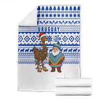 Uruguay Christmas Blanket with Santa Claus Rhea Bird Holiday Lights and Blue Geometric Pattern - Wonder Print Shop