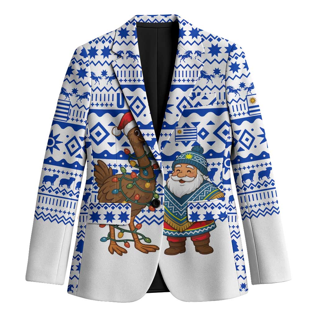 Uruguay Christmas Blazer with Santa Claus Rhea Bird Holiday Lights and Blue Geometric Pattern - Wonder Print Shop