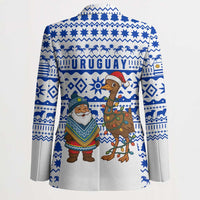 Uruguay Christmas Blazer with Santa Claus Rhea Bird Holiday Lights and Blue Geometric Pattern - Wonder Print Shop