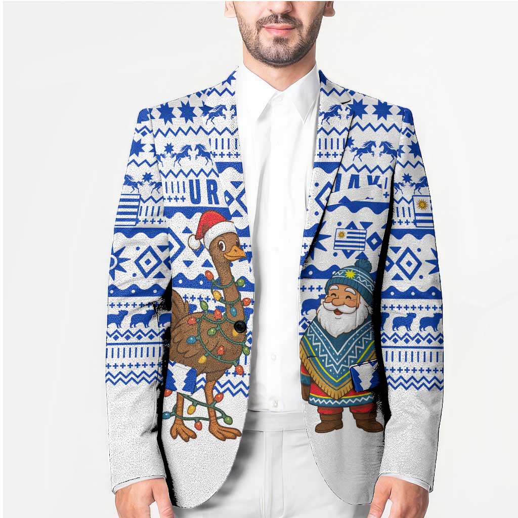 Uruguay Christmas Blazer with Santa Claus Rhea Bird Holiday Lights and Blue Geometric Pattern - Wonder Print Shop