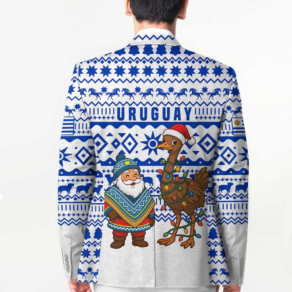 Uruguay Christmas Blazer with Santa Claus Rhea Bird Holiday Lights and Blue Geometric Pattern - Wonder Print Shop
