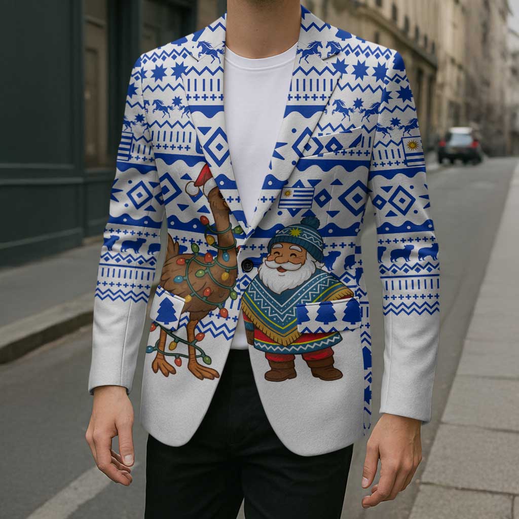 Uruguay Christmas Blazer with Santa Claus Rhea Bird Holiday Lights and Blue Geometric Pattern - Wonder Print Shop