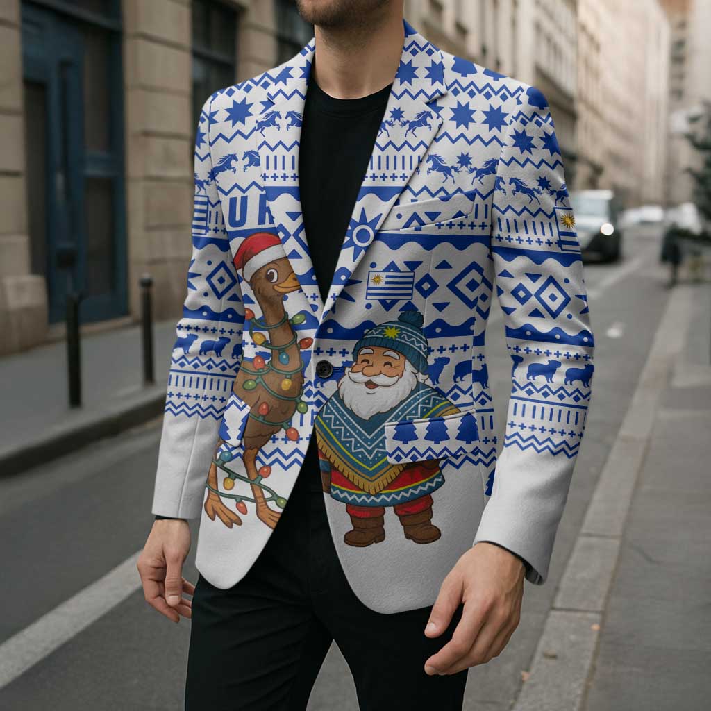 Uruguay Christmas Blazer with Santa Claus Rhea Bird Holiday Lights and Blue Geometric Pattern - Wonder Print Shop