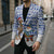 Uruguay Christmas Blazer with Santa Claus Rhea Bird Holiday Lights and Blue Geometric Pattern - Wonder Print Shop