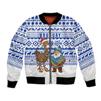 Uruguay Christmas Bomber Jacket with Santa Claus Rhea Bird Holiday Lights and Blue Geometric Pattern - Wonder Print Shop