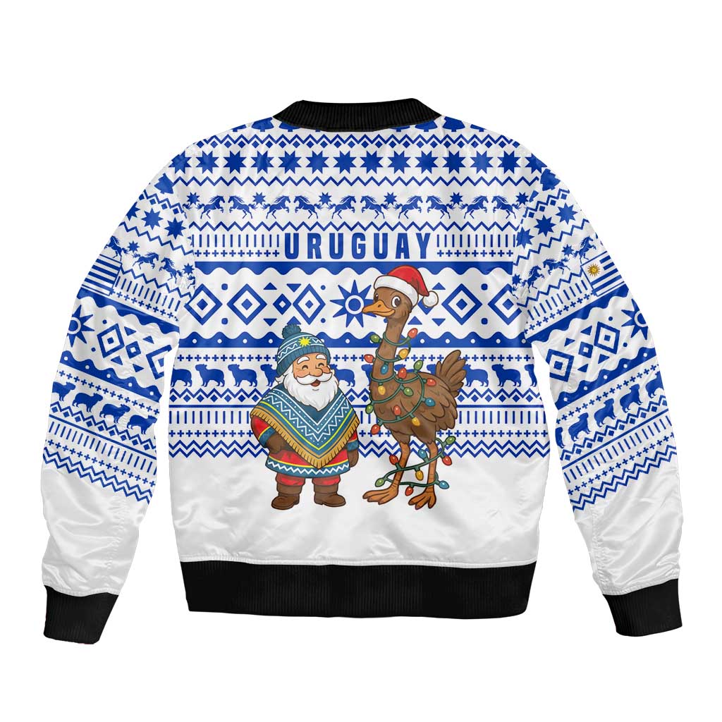 Uruguay Christmas Bomber Jacket with Santa Claus Rhea Bird Holiday Lights and Blue Geometric Pattern - Wonder Print Shop