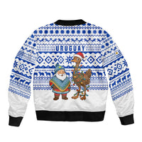 Uruguay Christmas Bomber Jacket with Santa Claus Rhea Bird Holiday Lights and Blue Geometric Pattern - Wonder Print Shop