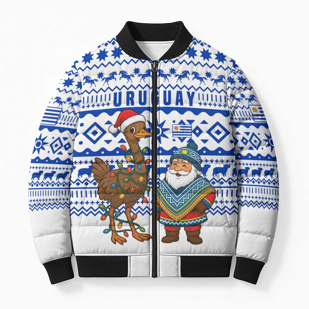 Uruguay Christmas Bomber Puffer Jacket with Santa Claus Rhea Bird Holiday Lights and Blue Geometric Pattern - Wonder Print Shop