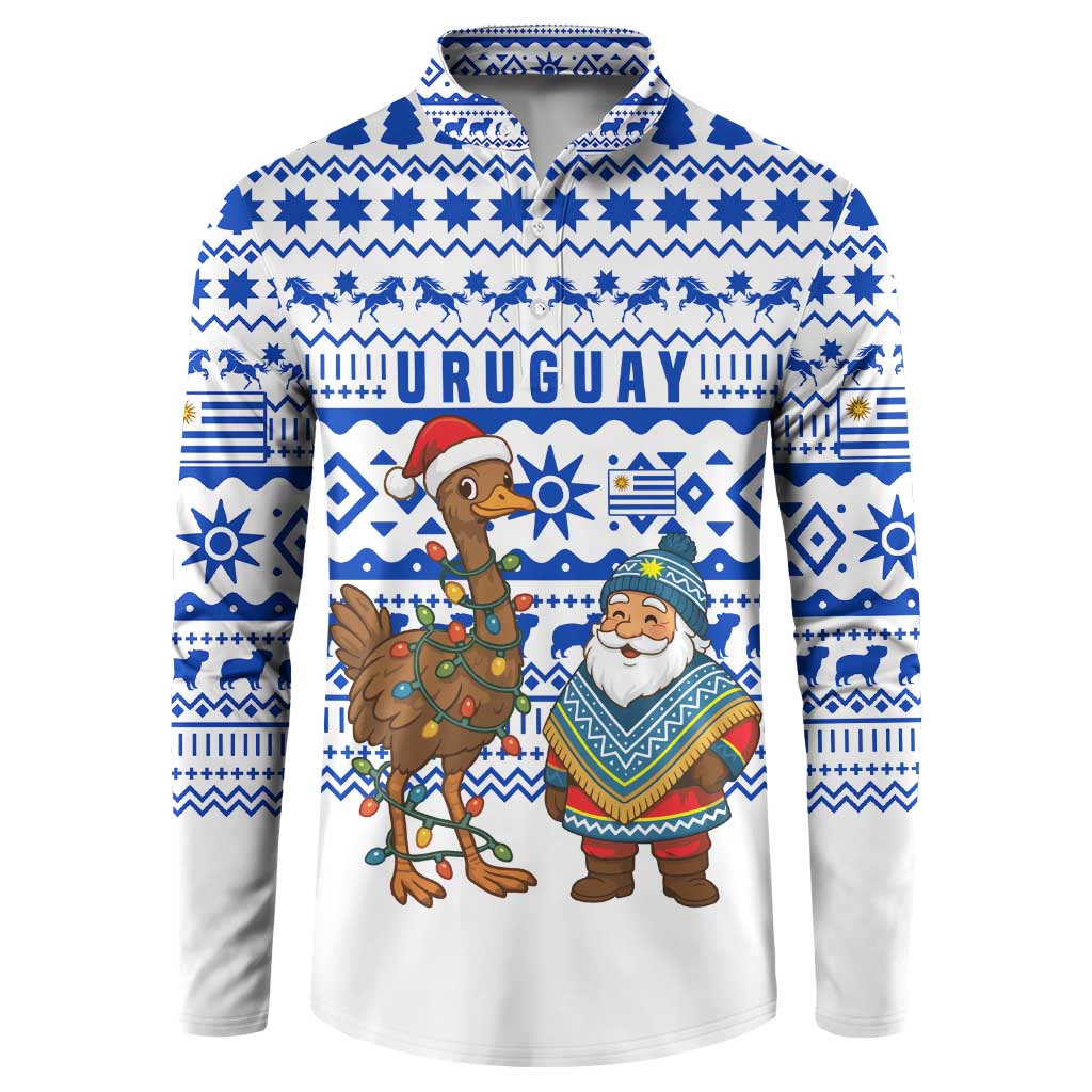 Uruguay Christmas Button Sweatshirt with Santa Claus Rhea Bird Holiday Lights and Blue Geometric Pattern - Wonder Print Shop