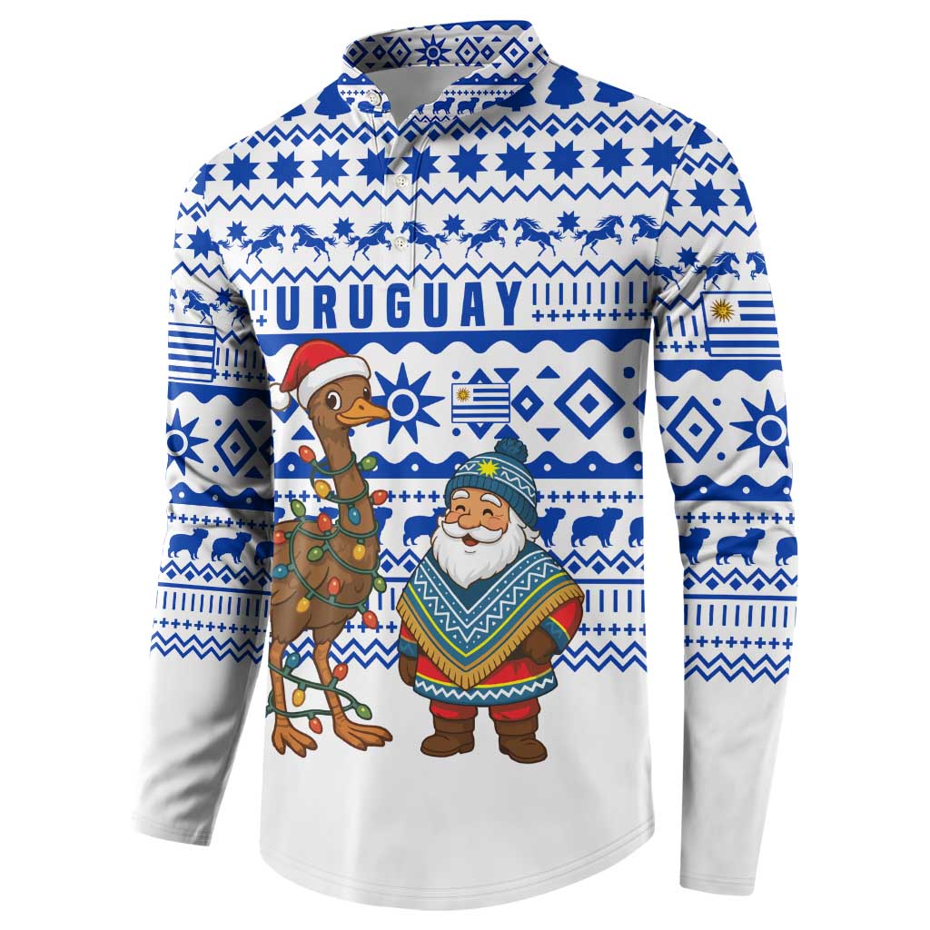 Uruguay Christmas Button Sweatshirt with Santa Claus Rhea Bird Holiday Lights and Blue Geometric Pattern - Wonder Print Shop